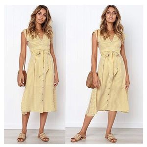 Yellow Linen Button Up Stripped Dress M